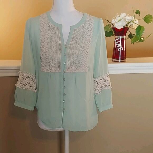 Love21 Blouse Top Crochet Sheer Boho Small - Picture 1 of 4